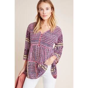 Anthropologie Maeve Womens Lilyana Floral Tiered Silk Blouse Medium